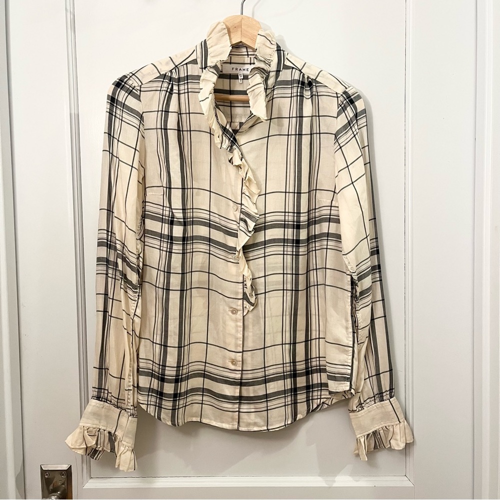 Frame Plaid Ruffle Blouse XS Noir Multi Long Sleeve Western Tencel Button Up